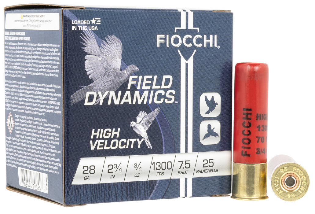 Fiocchi 28HV75 Field Dynamics High Velocity 28 Gauge 2.75" 3/4 oz 1300 fps 7.5 Shot 25 Bx/10 Cs