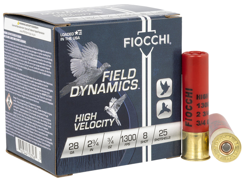 Fiocchi 28HV8 Field Dynamics High Velocity 28 Gauge 2.75" 3/4 oz 1300 fps 8 Shot 25 Bx/10 Cs