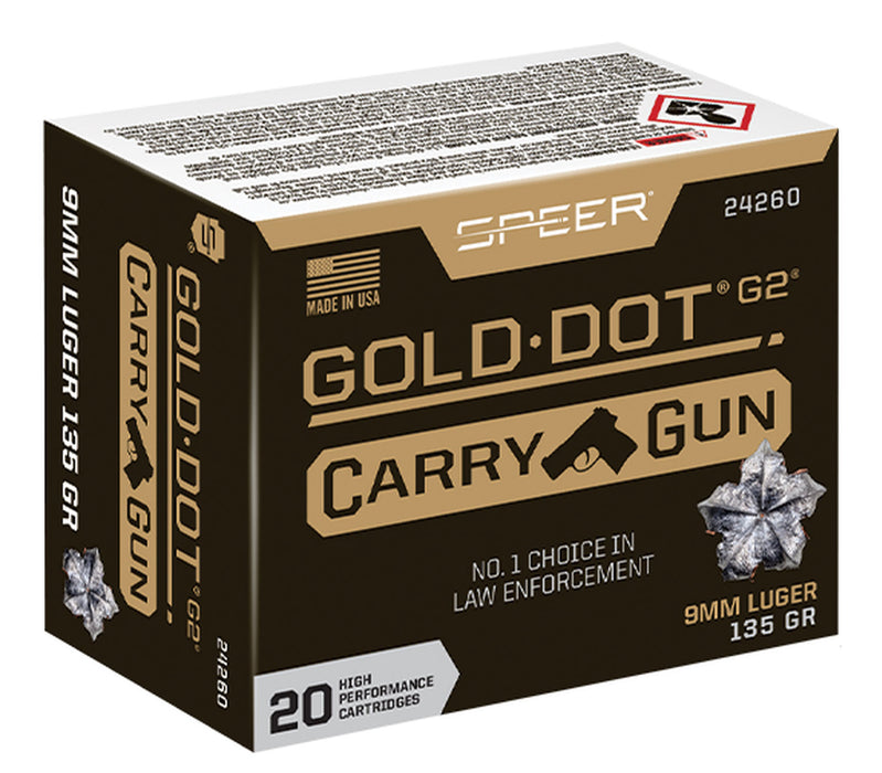 Speer 24260 Gold Dot Carry Gun 9mm Luger 135 gr 1120 fps Hollow Point (HP) 20 Bx/10 Cs