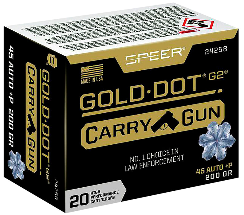Speer 24258 Gold Dot Carry Gun 45 ACP +P 200 gr 1080 fps Hollow Point (HP) 20 Bx/10 Cs