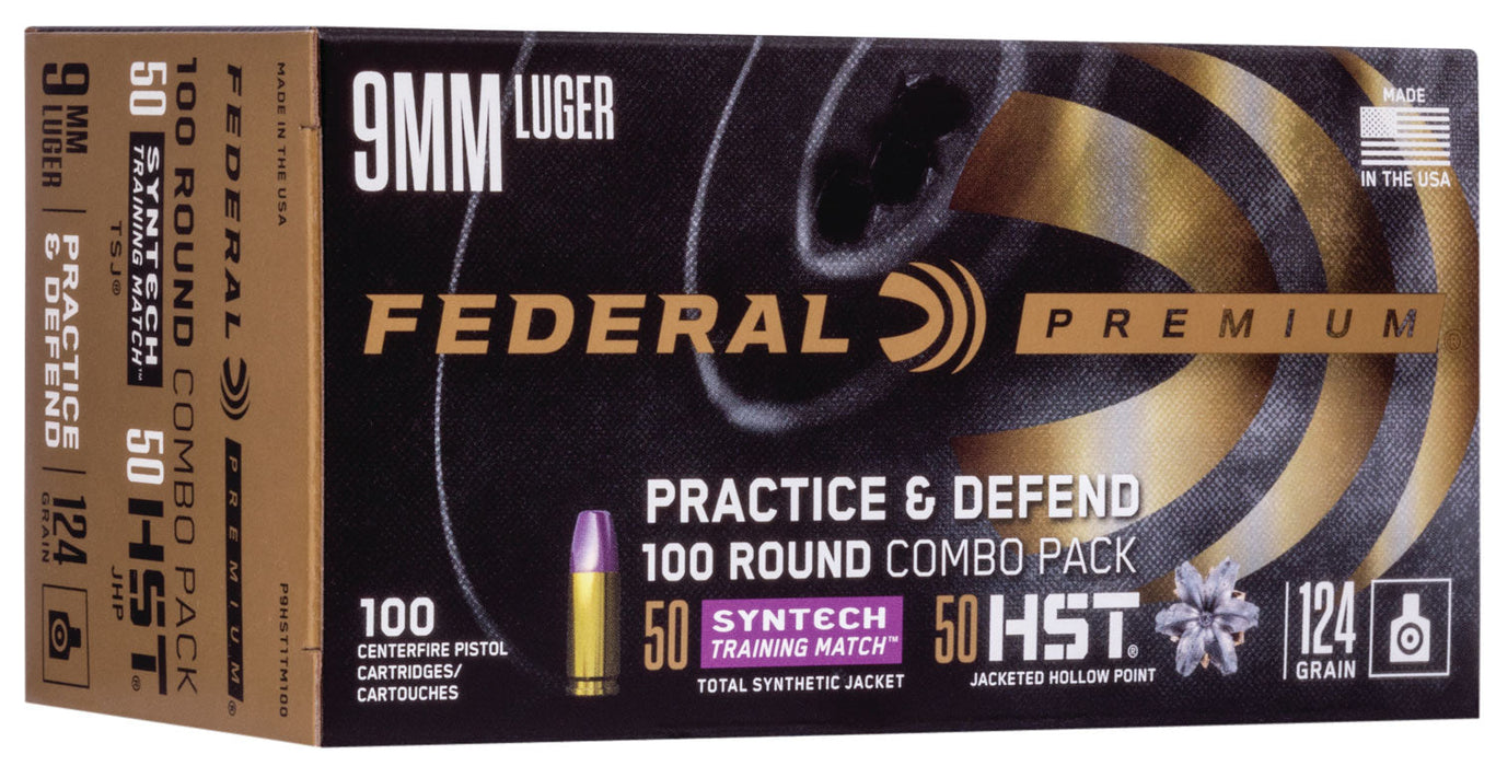 Federal P9HST1TM100 Premium Practice & Defend 9mm Luger 124 gr HST JHP/Syntech TSJ 100 Per Box/5 Cs