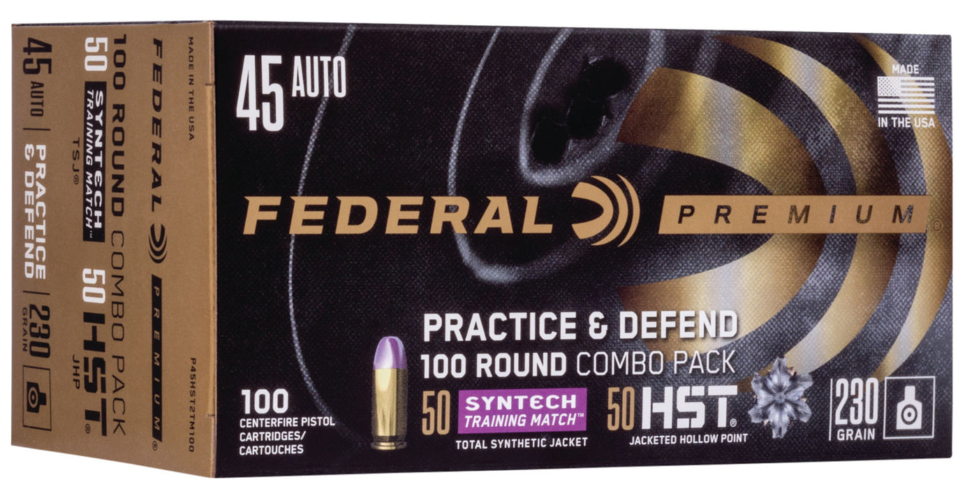 Federal P45HST2TM100 Premium Practice & Defend 45 ACP 230 gr HST JHP/Syntech TSJ 100 Per Box/10 Cs