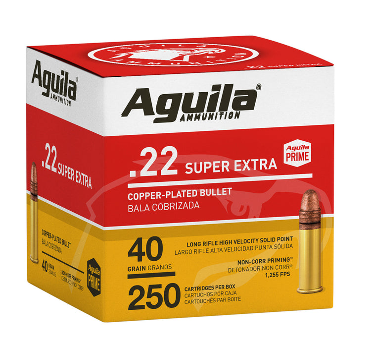 Aguila 1B221100 Super Extra High Velocity 22 LR 40 gr Copper-Plated Solid Point 250 Per Box/8 Cs