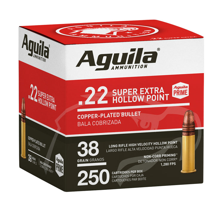 Aguila 1B221103 Super Extra High Velocity 22 LR 38 gr Copper Plated Hollow Point (CPHP) 250 Per Box/8 Cs