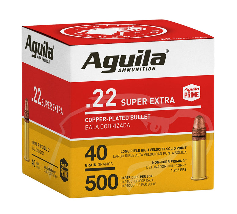 Aguila 1B221115 Super Extra High Velocity 22 LR 40 gr Copper-Plated Solid Point 500 Per Box/4 Cs