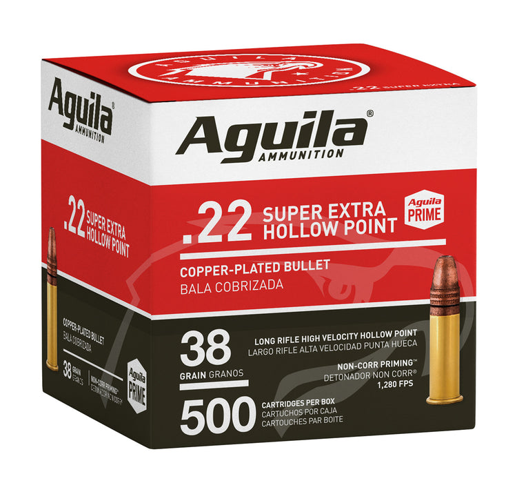 Aguila 1B221118 Super Extra High Velocity 22 LR 38 gr Copper Plated Hollow Point (CPHP) 500 Per Box/4 Cs