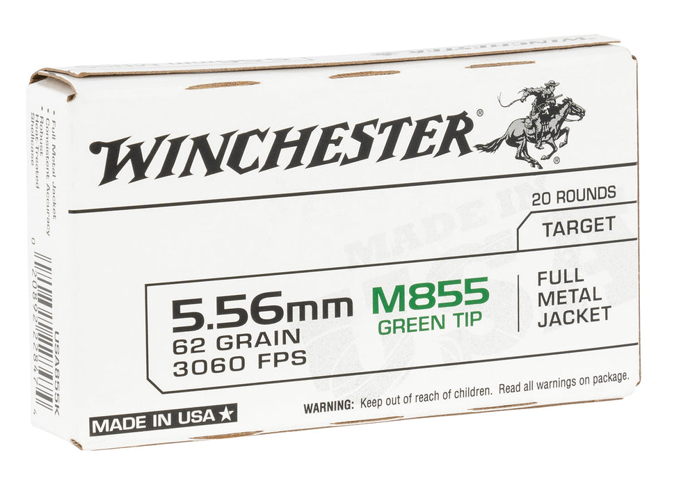 Winchester Ammo WM855K USA M855 Green Tip 5.56x45mm NATO 62 gr 3060 fps Full Metal Jacket (FMJ) 20 Bx/50 Cs
