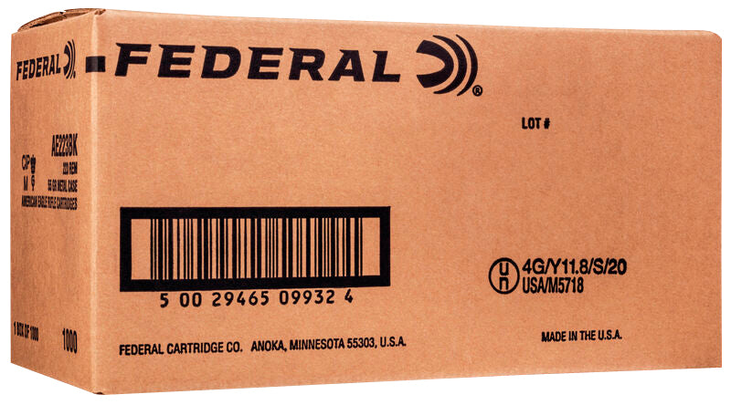 Federal AE223BKX American Eagle  223 Rem 55 gr 3240 fps Full Metal Jacket Boat-Tail (FMJBT) 1000rds/1 Cs (Sold by Case)