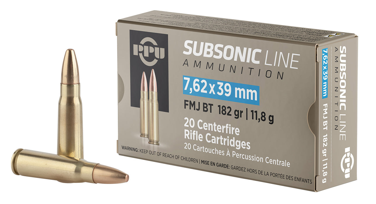 PPU PPS76239 Subsonic  7.62x39mm 182gr Full Metal Jacket Boat Tail 20 Per Box/50 Case