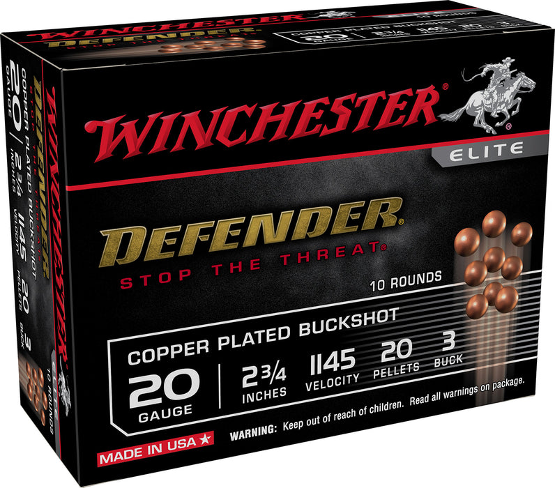 Winchester Ammo SB203PD Defender  20Gauge 2.75" 20Pellets Copper Plated 3Buck Shot 10 Per Box/10 Case