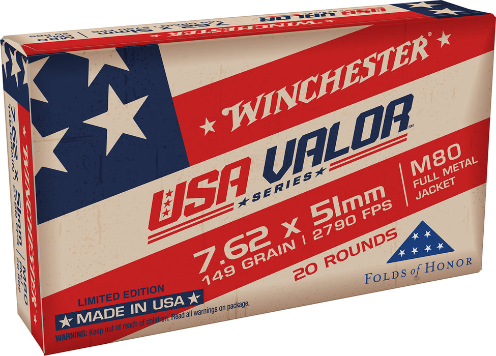 Winchester Ammo USAVM80X USA Valor M80 7.62x51mmNATO 149gr Full Metal Jacket 20 Per Box/25 Case