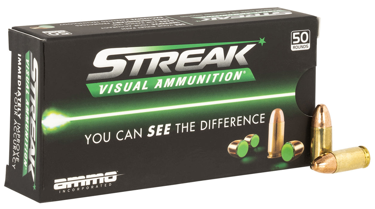 Ammo Inc 9115TMCSTRKGRN50 Streak Visual (GREEN)  9mm 115 gr Total Metal Case (TMC) 50 Per Box/20 Cs