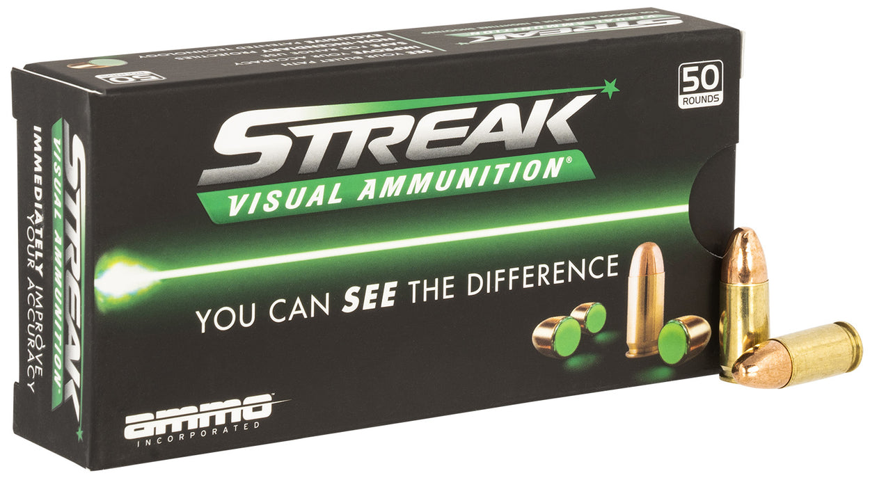 Ammo Inc 9124TMCSTRKGRN50 Streak Visual (GREEN)  9mm 124 gr Total Metal Case (TMC) 50 Per Box/20 Cs