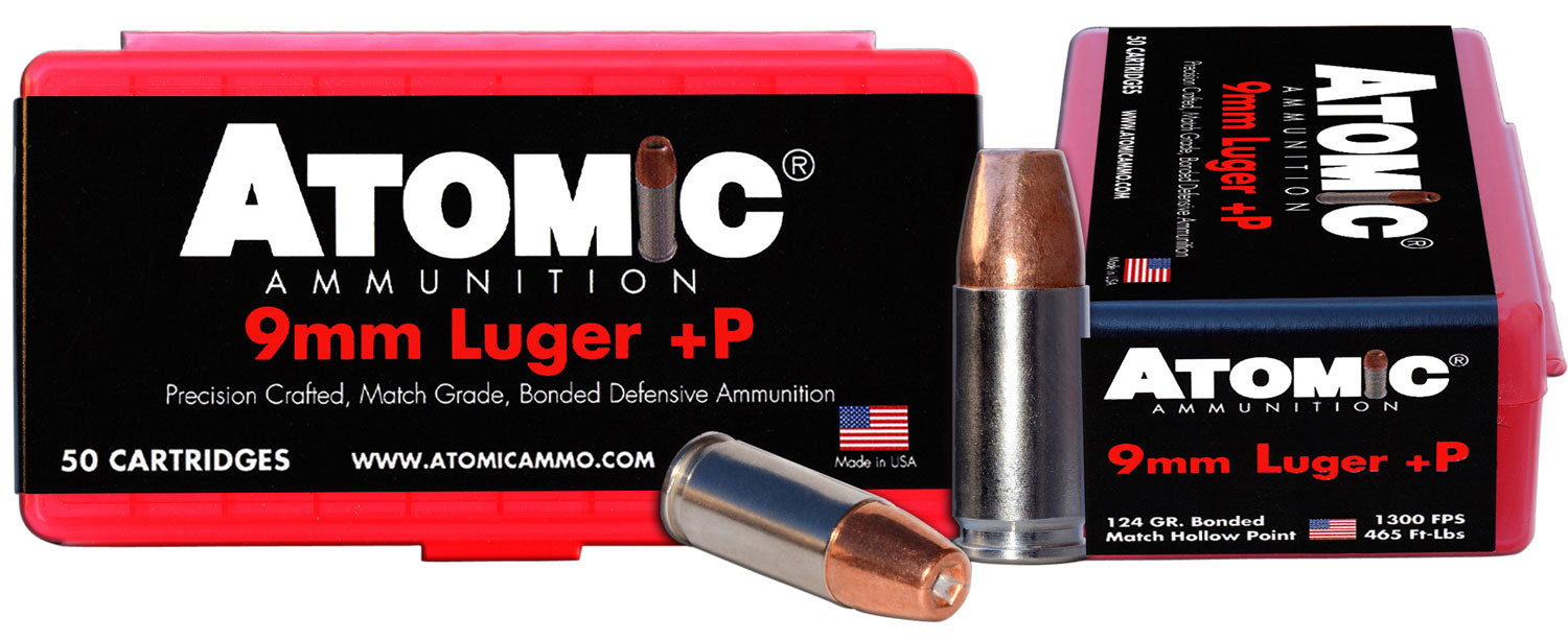 Atomic Ammunition 00409 Pistol  9mm Luger +P 124 gr Bonded Match Hollow Point 50 Per Box/10 Cs