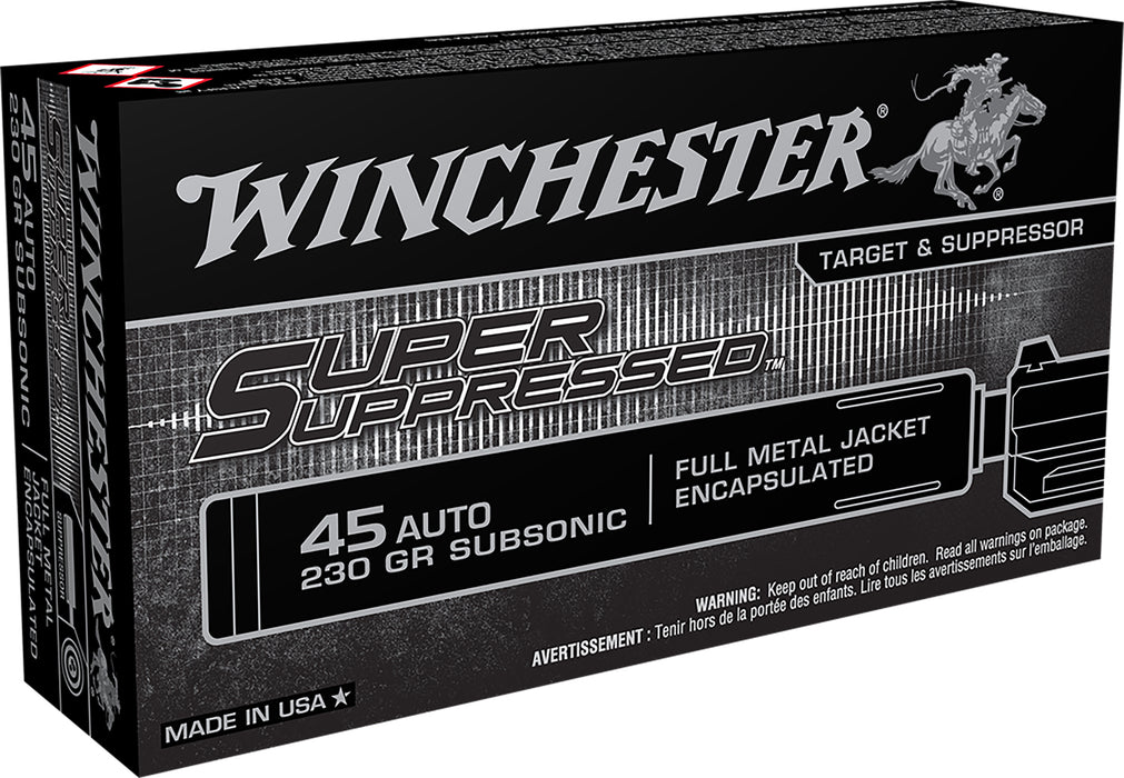 Winchester Ammo SUP45 Super Suppressed  45 ACP Subsonic 230 gr Encapsulated Full Metal Jacket 50 Bx/10 Cs
