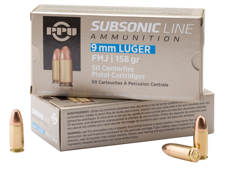PPU PPS9MM Subsonic  9mm Luger Subsonic 158 gr Full Metal Jacket (FMJ) 50 Per Box/20 Cs