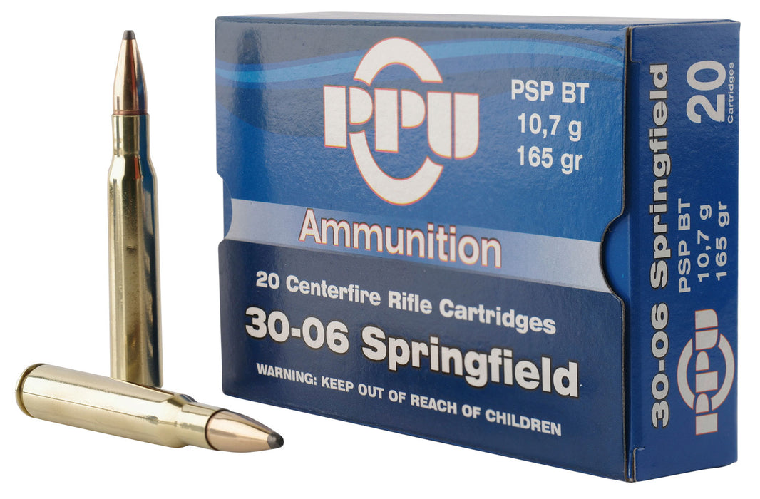 PPU PP30062 Standard Rifle  30-06 Springfield 165 gr 2800 fps Pointed Soft Point Boat-Tail (PSPBT) 20 Bx/10 Cs