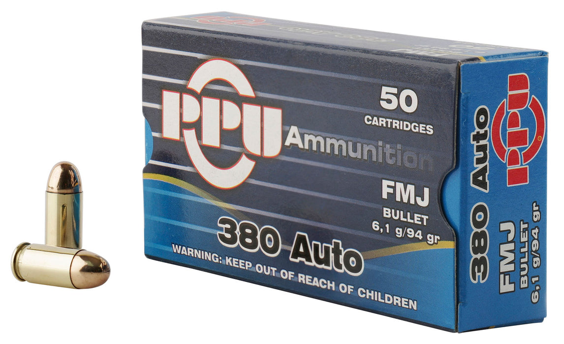 PPU PPH380AF Handgun  380 ACP 94 gr Full Metal Jacket (FMJ) 50 Per Box/20 Cs
