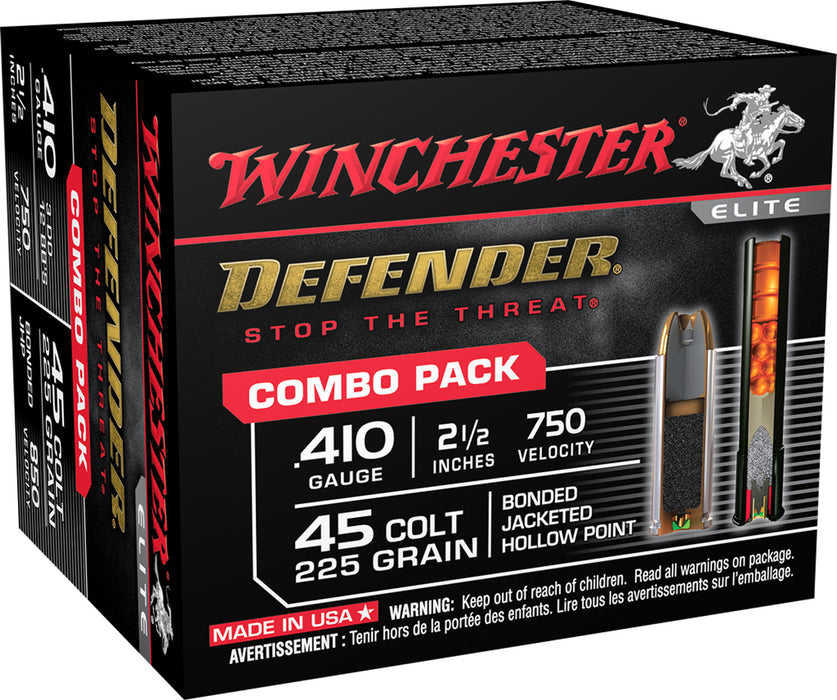 Winchester Ammo S41045PD PDX1 Defender Combo 410 Gauge 2.50" 1/2 oz 750 fps 3 Defense Discs, 12 BBs Shot, 45 Colt 225 gr Bonded Jacket Hollow Point 850 fps 20 Bx/10 Cs