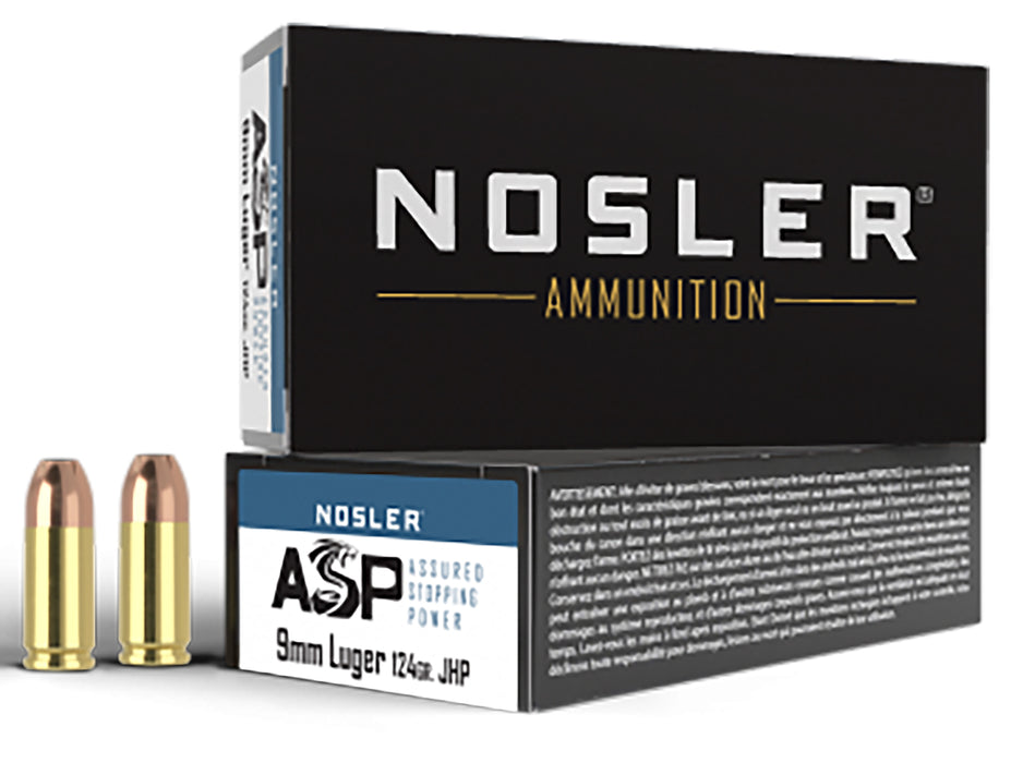Nosler 51054 Assured Stopping Power  9mm Luger +P 124 gr 1150 fps Jacketed Hollow Point (JHP) 50 Bx/10 Cs
