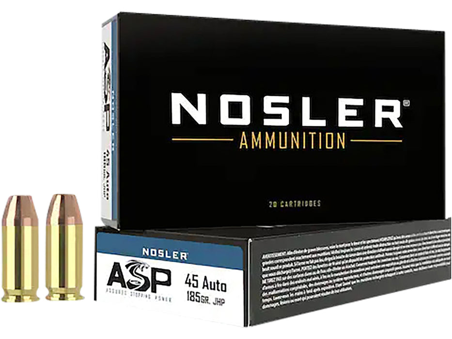 Nosler 51271 Assured Stopping Power  45 ACP 185 gr 980 fps Jacketed Hollow Point (JHP) 50 Bx/10 Cs