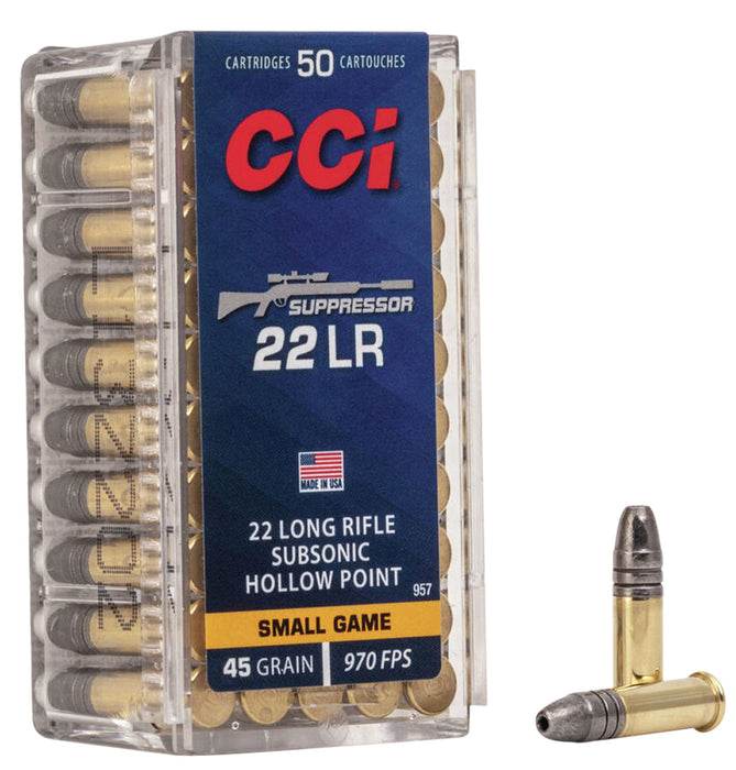 CCI 957 Suppressor  22 LR 45 gr 970 fps Lead Hollow Point (LHP) 50 Bx/100 Cs