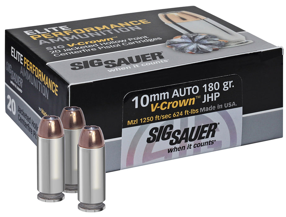 Sig Sauer E10MM120 Elite Defense  10mm Auto 180 gr 1250 fps V-Crown Jacketed Hollow Point (VJHP) 20 Bx/10 Cs