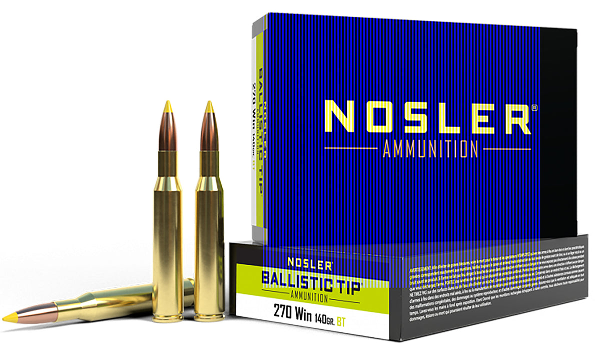 Nosler 40055 Ballistic Tip  270 Win 140 gr 2900 fps Spitzer Ballistic Tip (SBT) 20 Bx/10 Cs