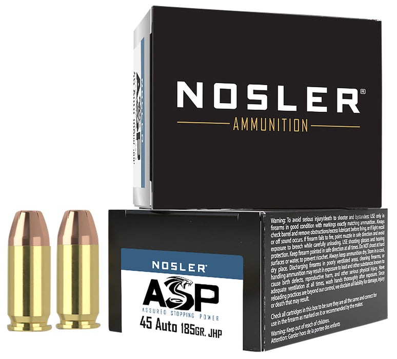 Nosler 51278 Assured Stopping Power  45 ACP 185 gr 980 fps Jacketed Hollow Point (JHP) 20 Bx/20 Cs