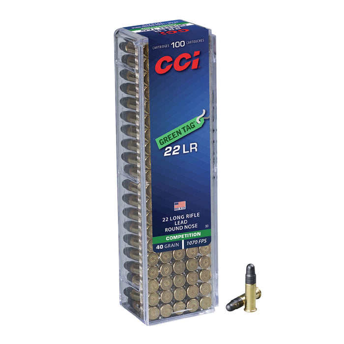 CCI 0033 Green Tag Competition 22 LR 40 gr 1070 fps Lead Round Nose (LRN) 100 Bx/50 Cs