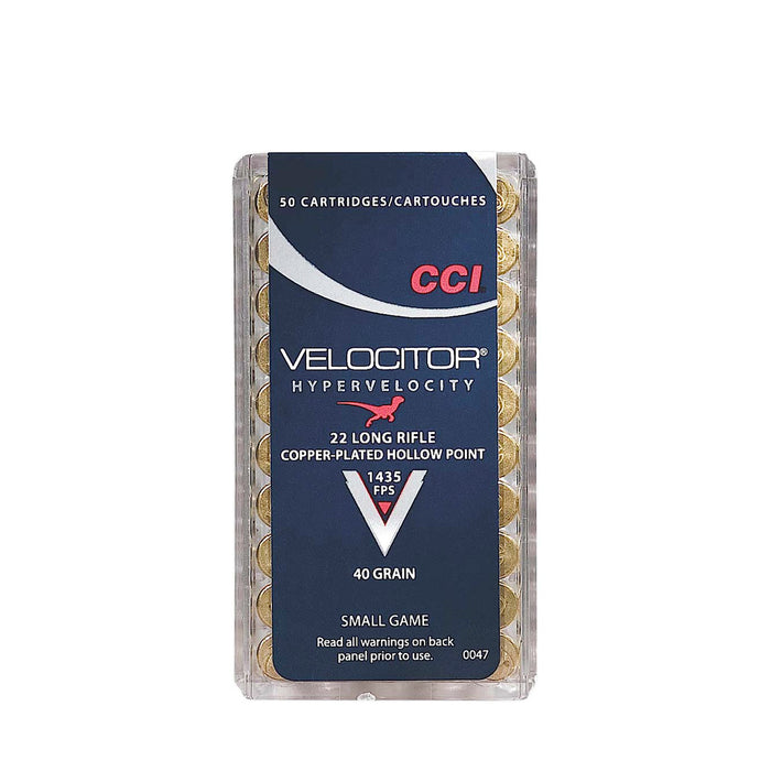 CCI 0047 Velocitor  22 LR 40 gr 1435 fps Copper Plated Hollow Point (CPHP) 50 Bx/100 Cs