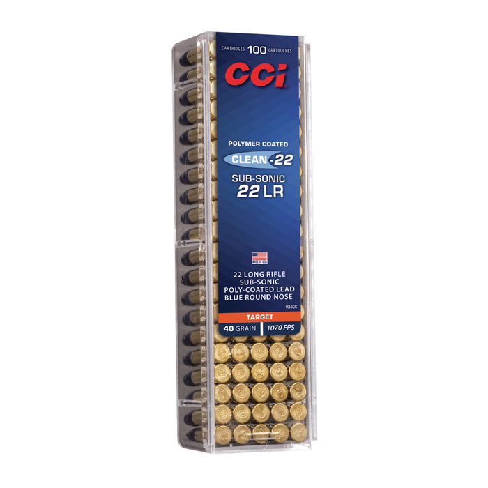 CCI 934CC Clean-22 Subsonic 22 LR 40 gr 1070 fps Blue Poly-Coated Lead Round Nose (LRN) 100 Bx/50 Cs