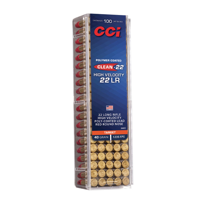CCI 944CC Clean-22 High Velocity 22 LR 40 gr 1235 fps Red Poly-Coated Lead Round Nose (LRN) 100 Bx/50 Cs